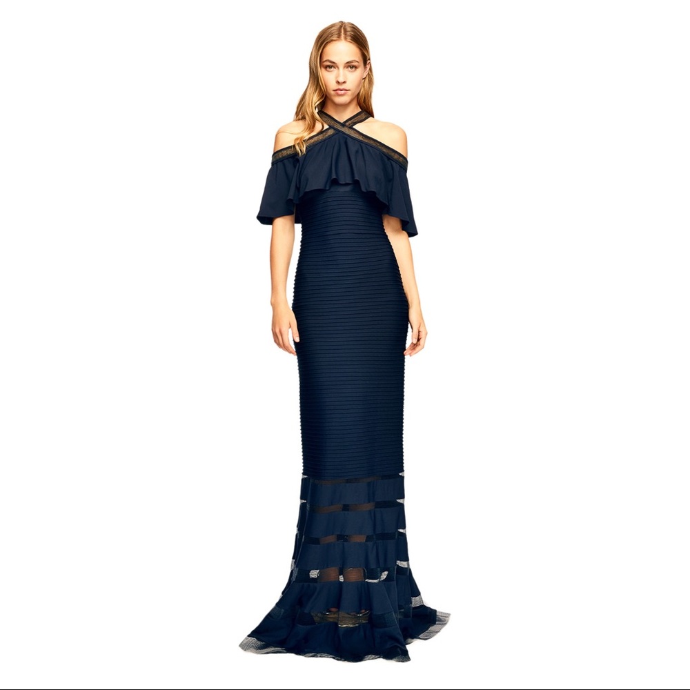TADASHI SHOJI - CRYSTAL PINTUCK JERSEY HALTER GOWN